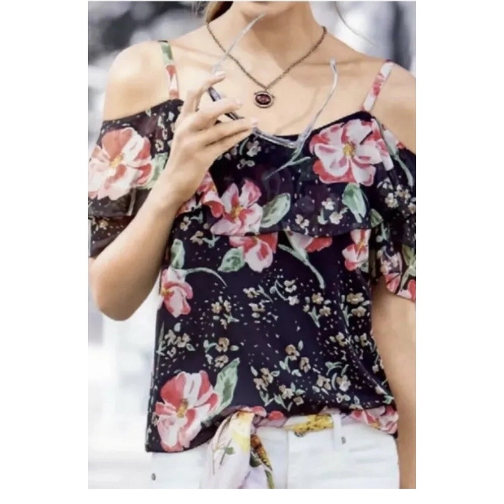 Cabi #5220 Fairytale Navy Pink Floral Cold Shoulder Ruffle Sleeve Blouse S